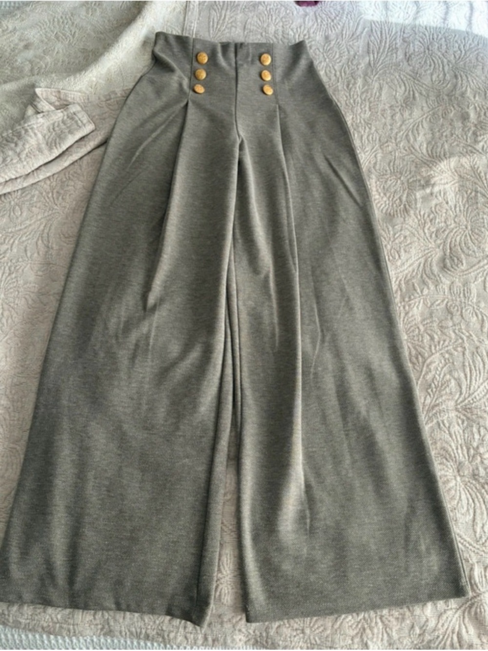 Zara High-Waist Wide Leg Pants with Gold Buttons - beige